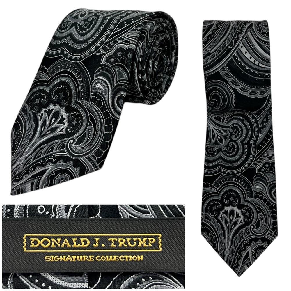 Donald Trump Signature Collection Paisley Tie Black 100% Silk Handmade 58” EUC
